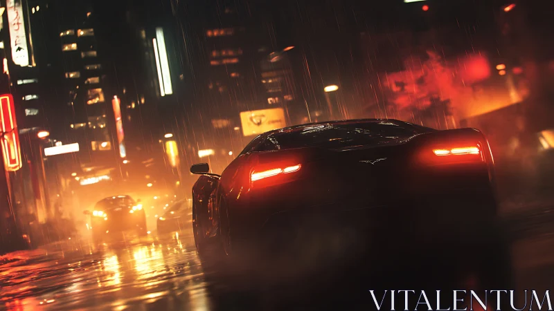 Night rain ignites a sleek sports car on neon city streets