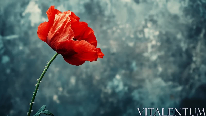Radiant red poppy leans gently against a dreamy blue haze
