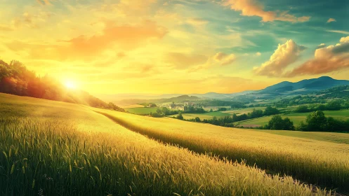 Golden countryside sunrise over rolling wheat fields.