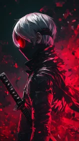 Masked white haired swordsman in red glowing chaos.