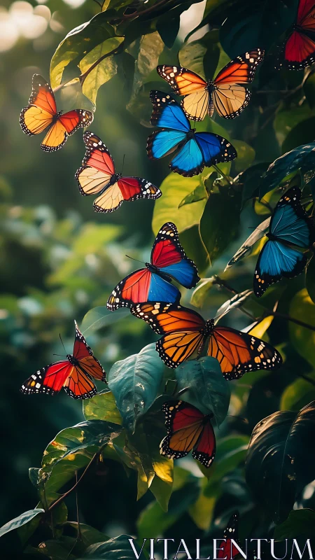Chromatic butterflies drift through foliage in soft backlight