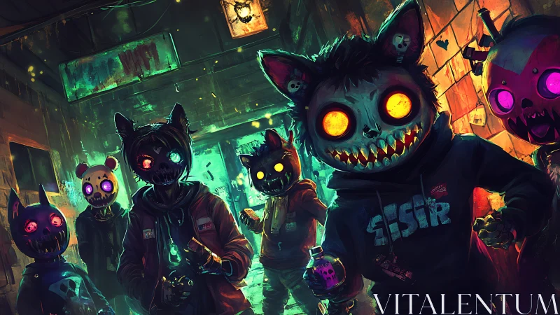Neon-glow feral mascots in toxic-lit urban alleyway ambush.