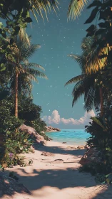 Tropical Beach Framed by Palm Trees Under Starlit Sky