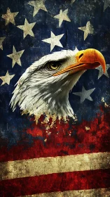 Bold bald eagle rises over a weathered American flag background