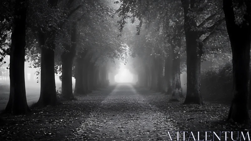 Misty tree-lined avenue receding into a glowing distance.