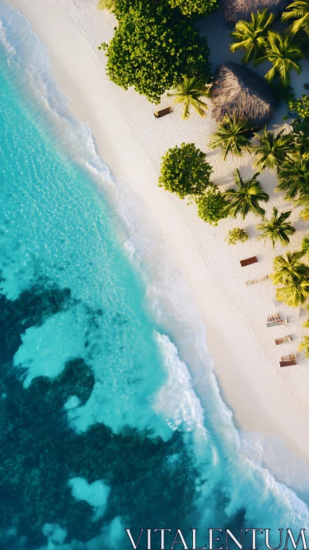 Tropical Beach Aerial View with Turquoise Waters and Palm Trees.