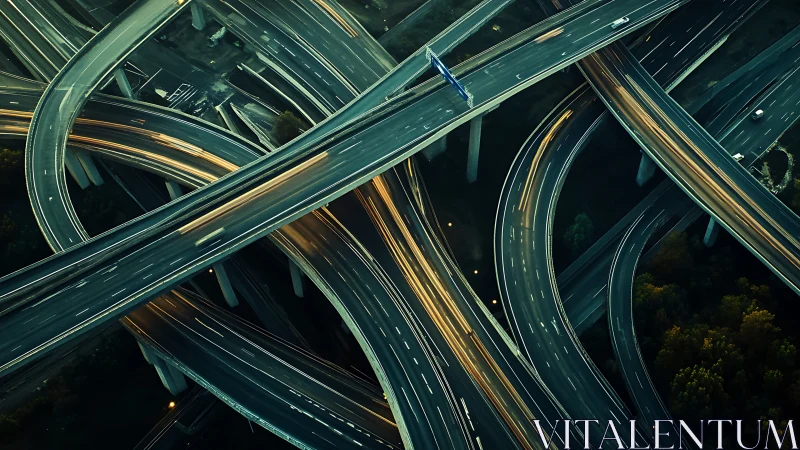 Layered urban freeway interchange under nightfall glow.