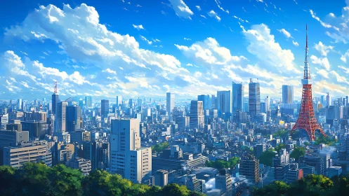 Sunlit anime Tokyo skyline with vivid red broadcast tower.