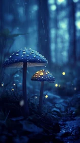 Glowing forest mushrooms sharing a rainy midnight secret.