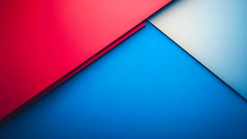 Diagonal red and blue geometric layers create bold contrast