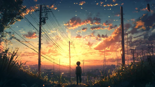 Sunset city horizon with a quiet, thoughtful young dreamer.