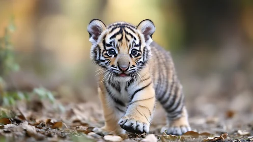 Curious tiger cub stepping forward on soft forest floor.