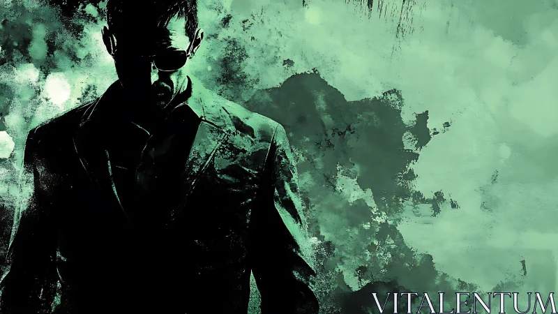 Dark suited figure in green abstract digital background.