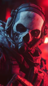 Masked tactical operator is illuminated by red directional lighting