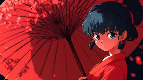 Blue-eyed girl holds crimson umbrella under falling petals.