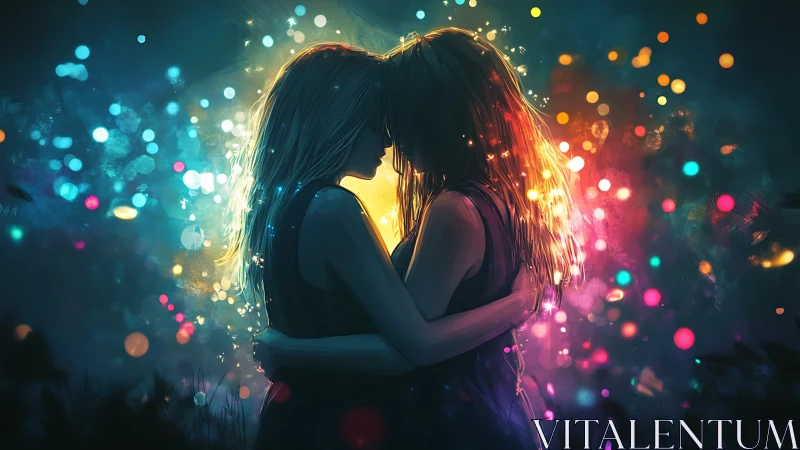 Two figures embracing amid luminous particle effects and neon bokeh