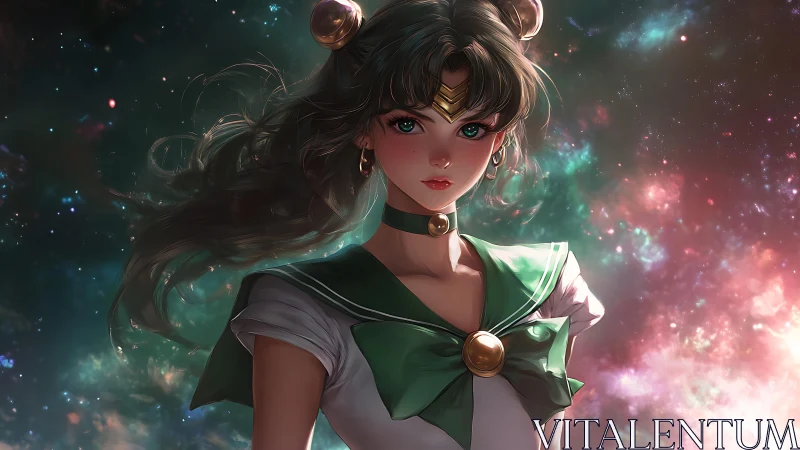 Celestial-themed anime heroine stands before nebula field