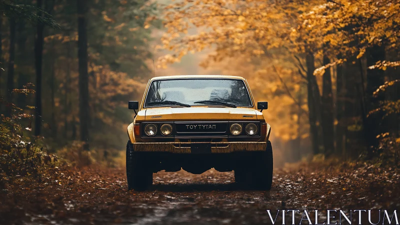 Photorealistic vintage 4x4 on autumn forest trail, centered frontal.
