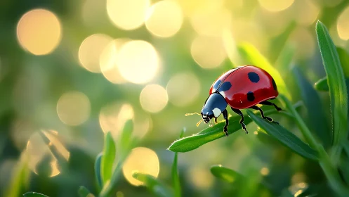 Macro study of red ladybug on backlit foliage with bokeh glow.