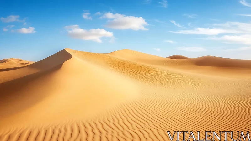 Golden desert dunes roll beneath a vivid blue sky.