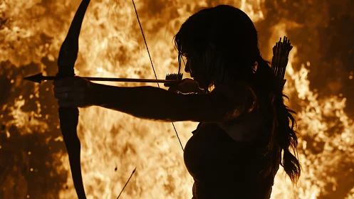 Silhouetted archer draws bow against intense inferno backdrop