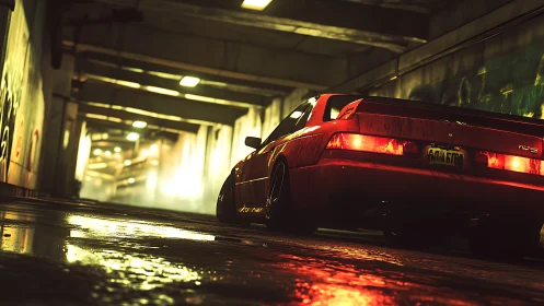 Moody underground tunnel with red sports car in rain-soaked glow.