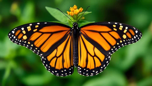 Monarch butterfly rests on yellow blossom in soft focus garden.