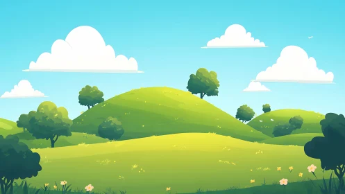 Digital pastoral landscape with stylized hills and trees.