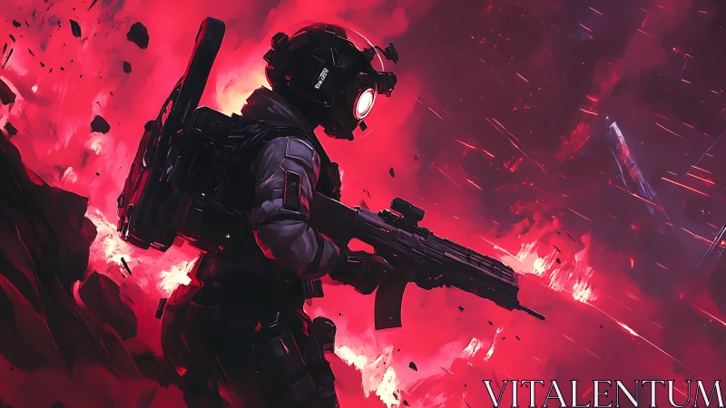 Armored space soldier advancing through red battlefield.