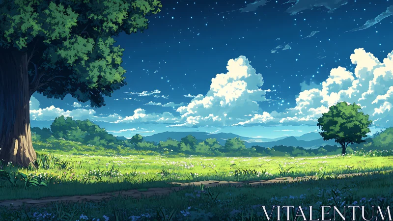 Starlit summer meadow with distant mountains and cumulus sky