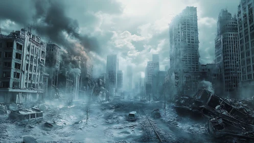 Ruined city street stretches through dense post‑apocalyptic ruins