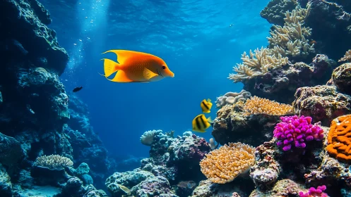 Bright reef fish glide through vibrant coral garden