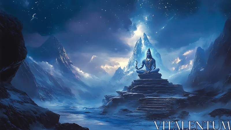 Serene blue deity meditating in icy mountain landscape.