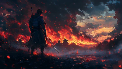 Ember-draped ronin studies a burning city at sundown