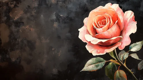 Single coral rose on textured dark abstract ground.