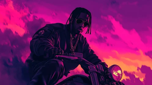 Cool night rider cruising through a neon painted sunset sky.