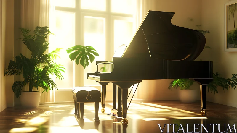 Sunlit grand piano rests beside indoor plants in lounge