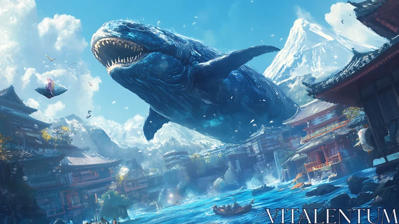 Colossal airborne whale traverses neon-lit coastal temple cityscape