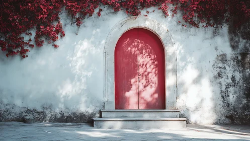 Red arched wooden door interrupts weathered white plaster wall
