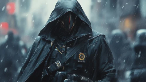 Hooded cybernetic enforcer patrolling rain-soaked city street.