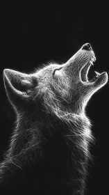 Luminous wolf profile howling in stark monochrome night.