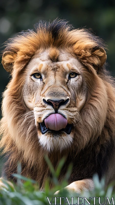 Male lion portrait with tongue out in natural habitat.