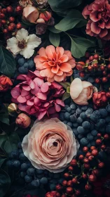 Lush Garden Arrangement with Roses, Dahlias, and Berries.