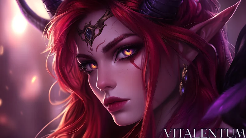 Horned elf woman with glowing eyes stares toward viewer