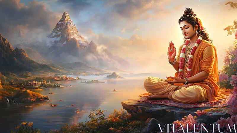 Digital painting of serene guru on cliff with sacred valley vista.