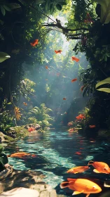 Tropical ravine pool with luminous koi rendered in 3D realism