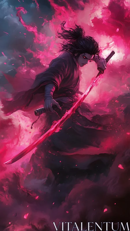Dark swordsman wields glowing crimson blade amid swirling fire