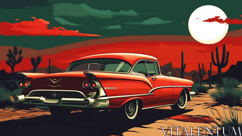 Retro digital painting of classic car in stylized desert sunset.