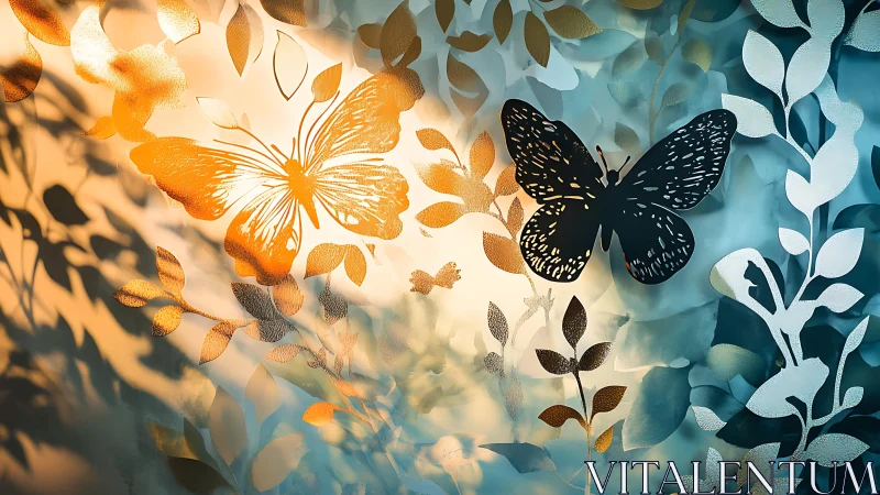 Dual butterflies in glowing teal and amber foliage scene.
