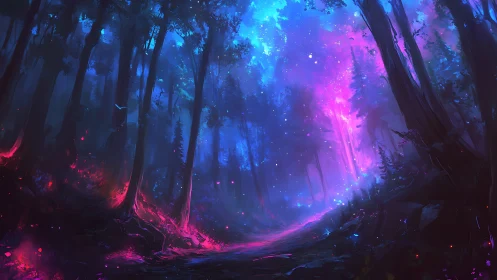 Neon Forest Portal with Luminous Particle Convergence